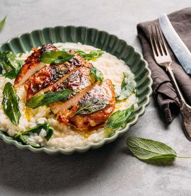 Kanasaltimbocca ja pinaattirisotto